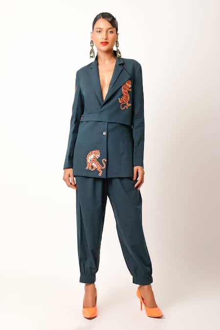 Jajaabor Blue Cotton Embroidery Collared Tiger Print Jacket And Jogger Pant Set Online at Aza Fashions Jajaabor_Blue Cotton Embroidery Collared Tiger Print Jacket And Jogger Pant Set _Online_at_Aza_Fashions