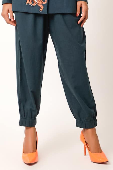 Buy Jajaabor Blue Cotton Embroidery Collared Tiger Print Jacket And Jogger Pant Set Online at Aza Fashions Buy_Jajaabor_Blue Cotton Embroidery Collared Tiger Print Jacket And Jogger Pant Set _Online_at_Aza_Fashions