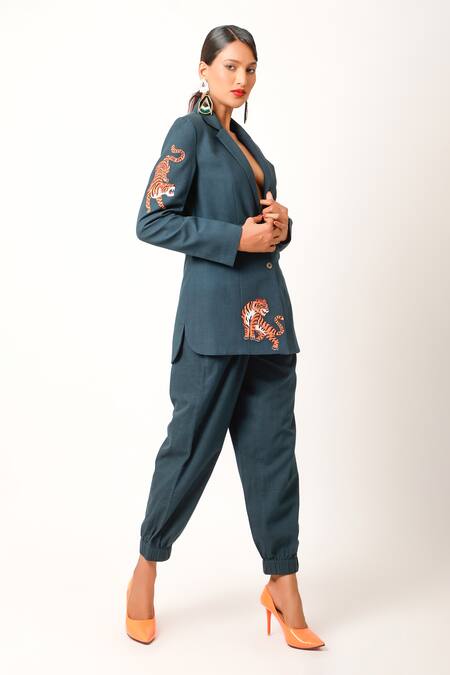 Shop Jajaabor Blue Cotton Embroidery Collared Tiger Print Jacket And Jogger Pant Set Online at Aza Fashions Shop_Jajaabor_Blue Cotton Embroidery Collared Tiger Print Jacket And Jogger Pant Set _Online_at_Aza_Fashions