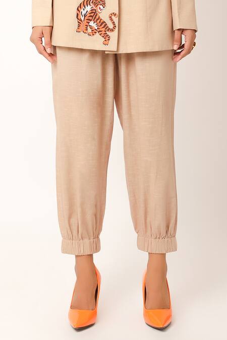 Buy_Jajaabor_Beige Cotton Embroidery Open Neck Tiger Print Jacket With Jogger Pant _Online_at_Aza_Fashions