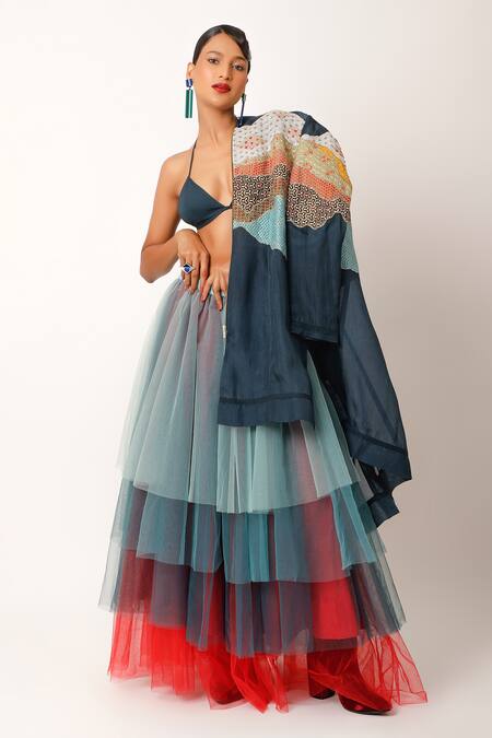 Jajaabor_Blue Silk Organza Embellished Beads Stand Collar Landscape Jacket _Online_at_Aza_Fashions