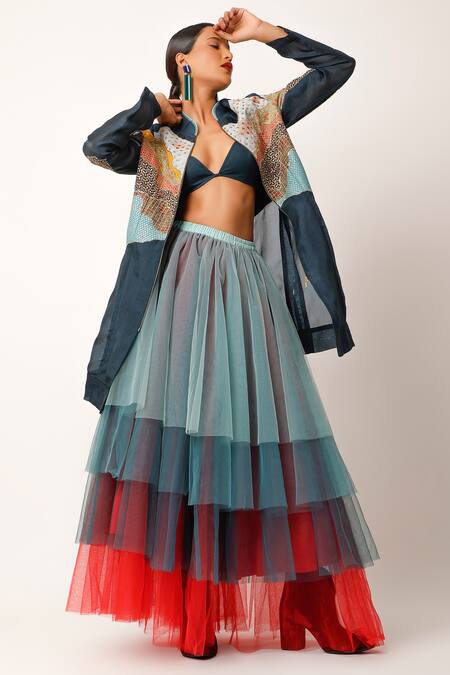 Buy_Jajaabor_Blue Silk Organza Embellished Beads Stand Collar Landscape Jacket _Online_at_Aza_Fashions
