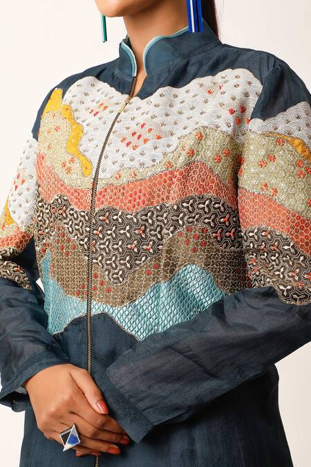 Jajaabor_Blue Silk Organza Embellished Beads Stand Collar Landscape Jacket _at_Aza_Fashions