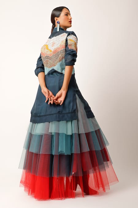 Shop_Jajaabor_Multi Color Net, Tulle Layered Block Skirt _at_Aza_Fashions