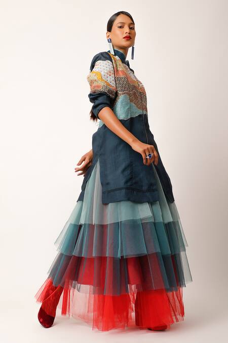 Jajaabor_Multi Color Net, Tulle Layered Block Skirt _at_Aza_Fashions