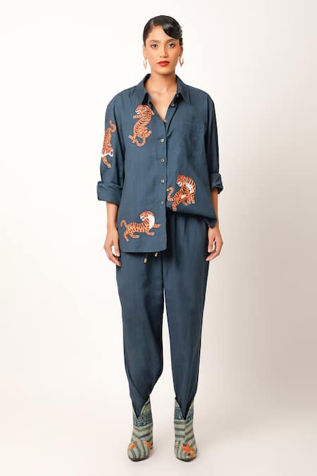 Jajaabor Blue Cotton, Linen Embroidery Collared Tiger Shirt With Pant Online at Aza Fashions Jajaabor_Blue Cotton, Linen Embroidery Collared Tiger Shirt With Pant _Online_at_Aza_Fashions