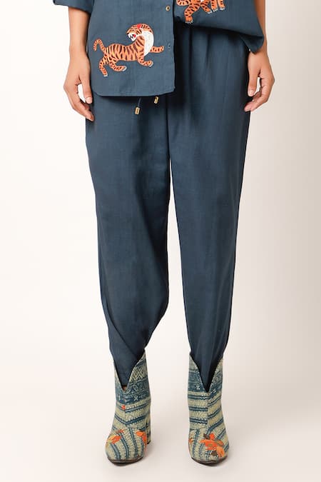 Buy Jajaabor Blue Cotton, Linen Embroidery Collared Tiger Shirt With Pant Online at Aza Fashions Buy_Jajaabor_Blue Cotton, Linen Embroidery Collared Tiger Shirt With Pant _Online_at_Aza_Fashions