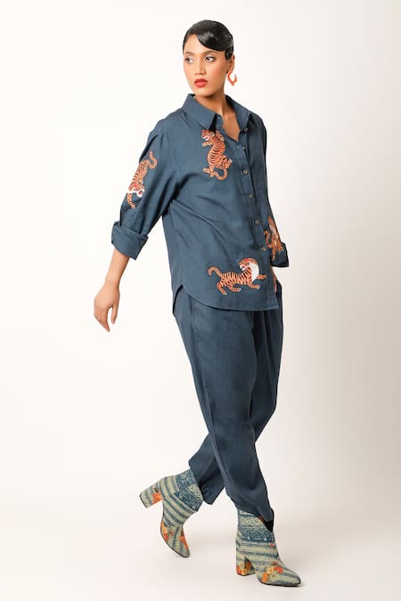 Shop Jajaabor Blue Cotton, Linen Embroidery Collared Tiger Shirt With Pant Online at Aza Fashions Shop_Jajaabor_Blue Cotton, Linen Embroidery Collared Tiger Shirt With Pant _Online_at_Aza_Fashions