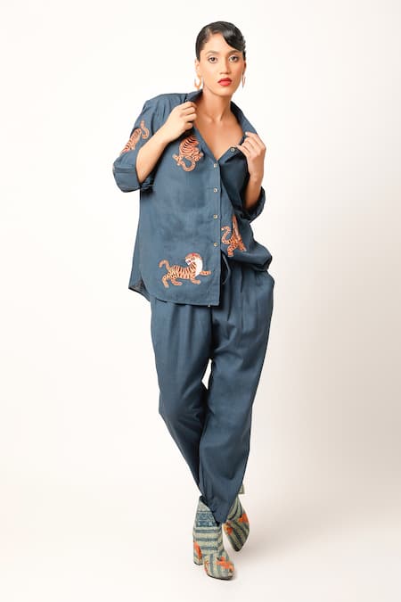 Jajaabor Blue Cotton, Linen Embroidery Collared Tiger Shirt With Pant at Aza Fashions Jajaabor_Blue Cotton, Linen Embroidery Collared Tiger Shirt With Pant _at_Aza_Fashions