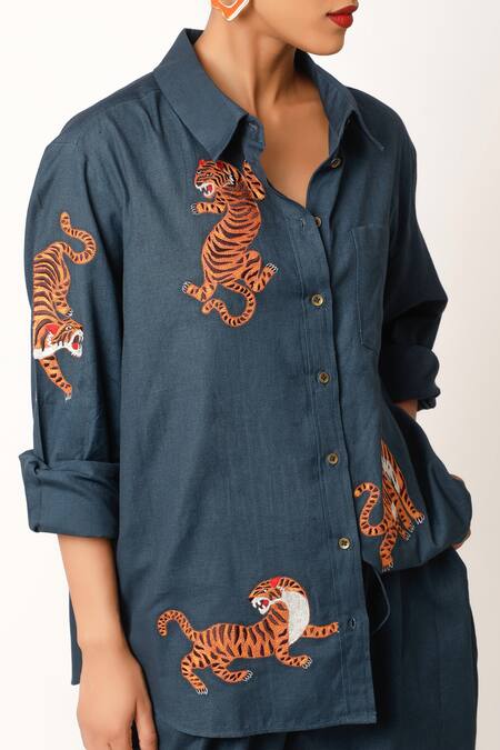 Buy Jajaabor Blue Cotton, Linen Embroidery Collared Tiger Shirt With Pant Buy_Jajaabor_Blue Cotton, Linen Embroidery Collared Tiger Shirt With Pant