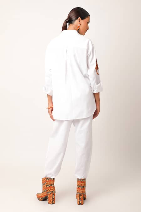 Shop Jajaabor Ivory Cotton, Linen Embroidery Collared Scattered Tiger Shirt With Pant at Aza Fashions Shop_Jajaabor_Ivory Cotton, Linen Embroidery Collared Scattered Tiger Shirt With Pant _at_Aza_Fashions