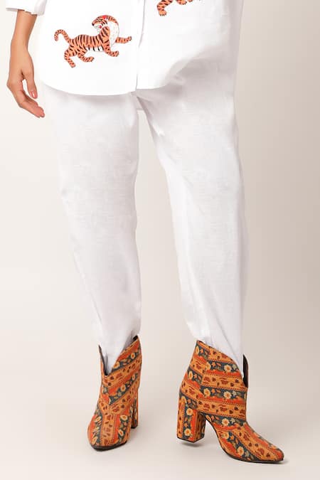 Jajaabor Ivory Cotton, Linen Embroidery Collared Scattered Tiger Shirt With Pant Online at Aza Fashions Jajaabor_Ivory Cotton, Linen Embroidery Collared Scattered Tiger Shirt With Pant _Online_at_Aza_Fashions