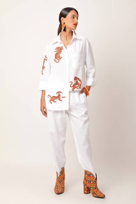Shop Jajaabor Ivory Cotton, Linen Embroidery Collared Scattered Tiger Shirt With Pant Online at Aza Fashions Shop_Jajaabor_Ivory Cotton, Linen Embroidery Collared Scattered Tiger Shirt With Pant _Online_at_Aza_Fashions