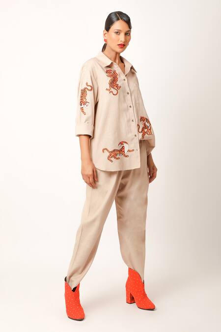 Jajaabor Beige Cotton, Linen Embroidery Collared Contrast Tiger Shirt With Pant Online at Aza Fashions Jajaabor_Beige Cotton, Linen Embroidery Collared Contrast Tiger Shirt With Pant _Online_at_Aza_Fashions