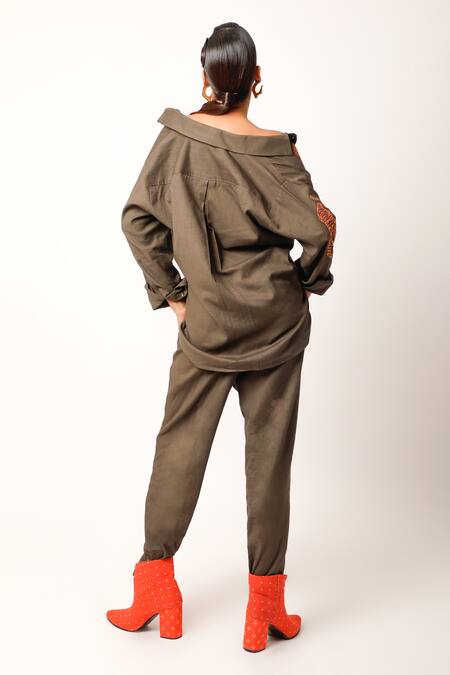 Shop Jajaabor Brown Cotton, Linen Embroidery Collared Tiger Shirt And Pant Set at Aza Fashions Shop_Jajaabor_Brown Cotton, Linen Embroidery Collared Tiger Shirt And Pant Set _at_Aza_Fashions