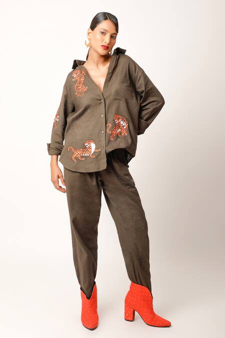 Buy Jajaabor Brown Cotton, Linen Embroidery Collared Tiger Shirt And Pant Set Online at Aza Fashions Buy_Jajaabor_Brown Cotton, Linen Embroidery Collared Tiger Shirt And Pant Set _Online_at_Aza_Fashions