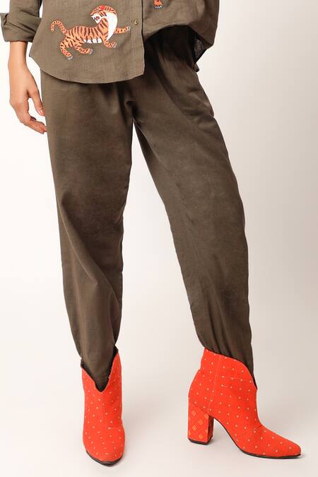 Shop Jajaabor Brown Cotton, Linen Embroidery Collared Tiger Shirt And Pant Set Online at Aza Fashions Shop_Jajaabor_Brown Cotton, Linen Embroidery Collared Tiger Shirt And Pant Set _Online_at_Aza_Fashions