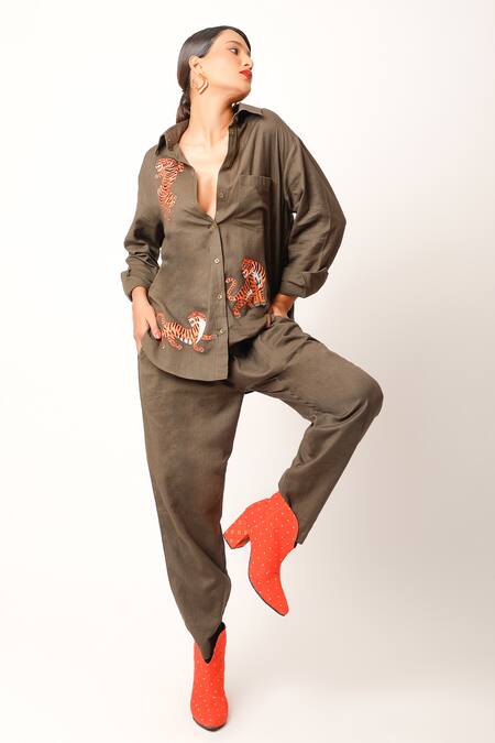 Jajaabor Brown Cotton, Linen Embroidery Collared Tiger Shirt And Pant Set at Aza Fashions Jajaabor_Brown Cotton, Linen Embroidery Collared Tiger Shirt And Pant Set _at_Aza_Fashions