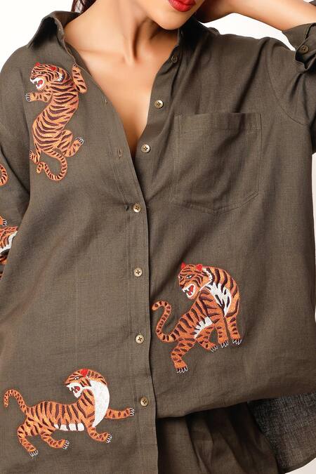 Buy Jajaabor Brown Cotton, Linen Embroidery Collared Tiger Shirt And Pant Set Buy_Jajaabor_Brown Cotton, Linen Embroidery Collared Tiger Shirt And Pant Set