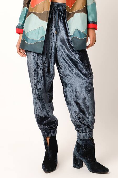 Jajaabor_Blue Silk Chanderi Textured Shawl Collar Jacket And Jogger Set _at_Aza_Fashions