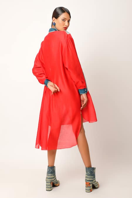 Shop Jajaabor Red Silk Chanderi Embroidered Fish Motif Collared Shirt With Slip at Aza Fashions Shop_Jajaabor_Red Silk Chanderi Embroidered Fish Motif Collared Shirt With Slip _at_Aza_Fashions