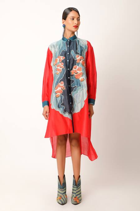 Jajaabor Red Silk Chanderi Embroidered Fish Motif Collared Shirt With Slip Online at Aza Fashions Jajaabor_Red Silk Chanderi Embroidered Fish Motif Collared Shirt With Slip _Online_at_Aza_Fashions