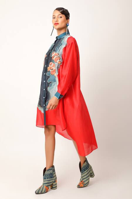 Buy Jajaabor Red Silk Chanderi Embroidered Fish Motif Collared Shirt With Slip Online at Aza Fashions Buy_Jajaabor_Red Silk Chanderi Embroidered Fish Motif Collared Shirt With Slip _Online_at_Aza_Fashions