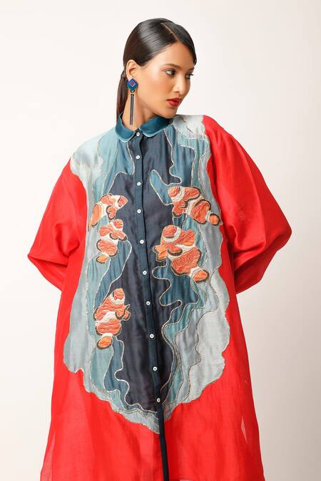 Shop Jajaabor Red Silk Chanderi Embroidered Fish Motif Collared Shirt With Slip Online at Aza Fashions Shop_Jajaabor_Red Silk Chanderi Embroidered Fish Motif Collared Shirt With Slip _Online_at_Aza_Fashions