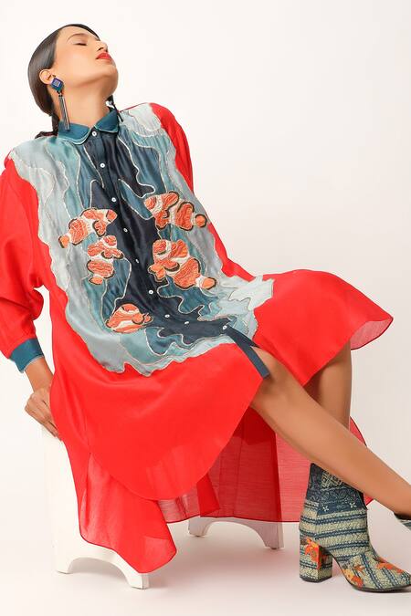 Jajaabor Red Silk Chanderi Embroidered Fish Motif Collared Shirt With Slip at Aza Fashions Jajaabor_Red Silk Chanderi Embroidered Fish Motif Collared Shirt With Slip _at_Aza_Fashions