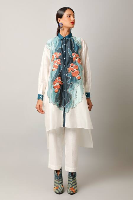 Jajaabor Ivory Silk Chanderi Embroidered Fish Motif Collared Shirt And Pant Set Online at Aza Fashions Jajaabor_Ivory Silk Chanderi Embroidered Fish Motif Collared Shirt And Pant Set _Online_at_Aza_Fashions