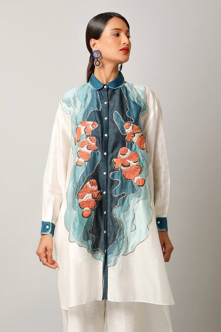 Buy Jajaabor Ivory Silk Chanderi Embroidered Fish Motif Collared Shirt And Pant Set Online at Aza Fashions Buy_Jajaabor_Ivory Silk Chanderi Embroidered Fish Motif Collared Shirt And Pant Set _Online_at_Aza_Fashions