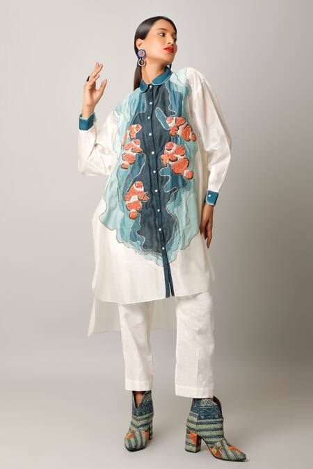 Jajaabor Ivory Silk Chanderi Embroidered Fish Motif Collared Shirt And Pant Set at Aza Fashions Jajaabor_Ivory Silk Chanderi Embroidered Fish Motif Collared Shirt And Pant Set _at_Aza_Fashions