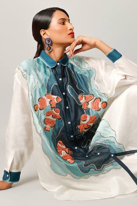 Buy Jajaabor Ivory Silk Chanderi Embroidered Fish Motif Collared Shirt And Pant Set Buy_Jajaabor_Ivory Silk Chanderi Embroidered Fish Motif Collared Shirt And Pant Set