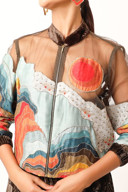 Jajaabor Brown Net Embroidered Band Collar Landscape Bomber Jacket at Aza Fashions Jajaabor_Brown Net Embroidered Band Collar Landscape Bomber Jacket _at_Aza_Fashions