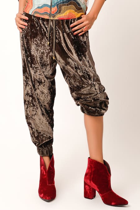 Jajaabor Brown Net Embroidered Band Collar Landscape Bomber Jacket And Jogger Set Online at Aza Fashions Jajaabor_Brown Net Embroidered Band Collar Landscape Bomber Jacket And Jogger Set _Online_at_Aza_Fashions