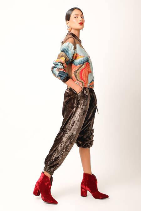 Buy Jajaabor Brown Net Embroidered Band Collar Landscape Bomber Jacket And Jogger Set Online at Aza Fashions Buy_Jajaabor_Brown Net Embroidered Band Collar Landscape Bomber Jacket And Jogger Set _Online_at_Aza_Fashions