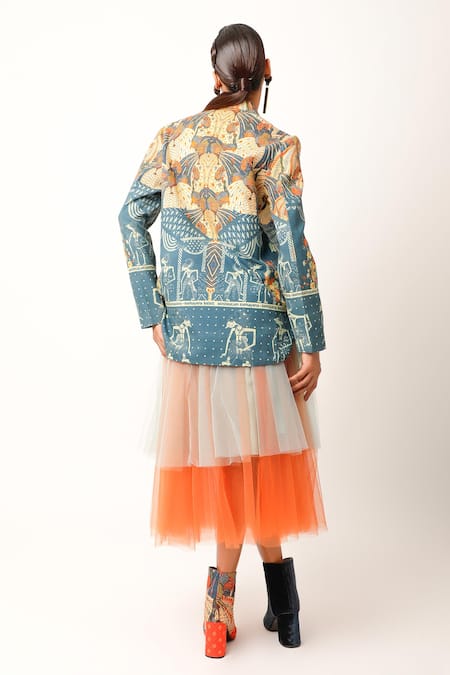 Shop Jajaabor Multi Color Cotton Slub Printed Lapel Collar Ramayana Jacket And Skirt Set at Aza Fashions Shop_Jajaabor_Multi Color Cotton Slub Printed Lapel Collar Ramayana Jacket And Skirt Set _at_Aza_Fashions