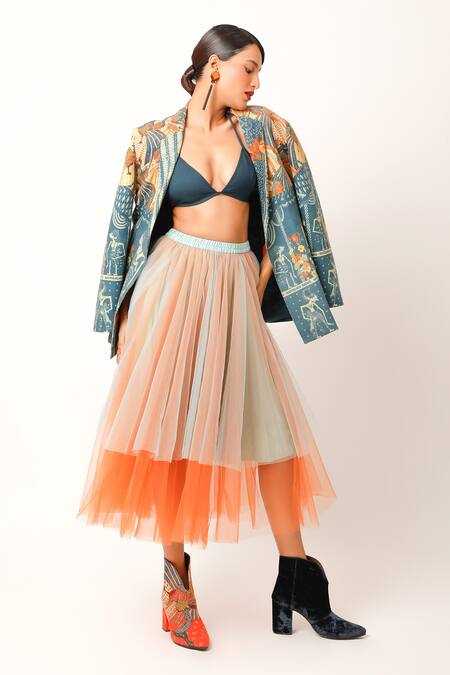 Jajaabor Multi Color Cotton Slub Printed Lapel Collar Ramayana Jacket And Skirt Set Online at Aza Fashions Jajaabor_Multi Color Cotton Slub Printed Lapel Collar Ramayana Jacket And Skirt Set _Online_at_Aza_Fashions