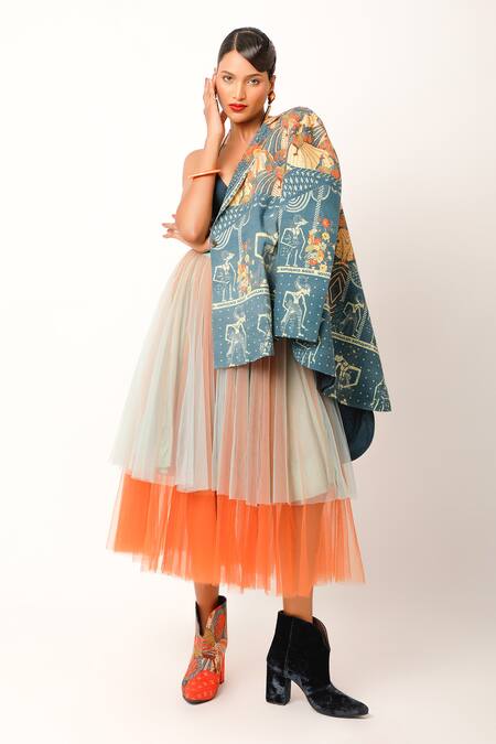 Buy Jajaabor Multi Color Cotton Slub Printed Lapel Collar Ramayana Jacket And Skirt Set Online at Aza Fashions Buy_Jajaabor_Multi Color Cotton Slub Printed Lapel Collar Ramayana Jacket And Skirt Set _Online_at_Aza_Fashions