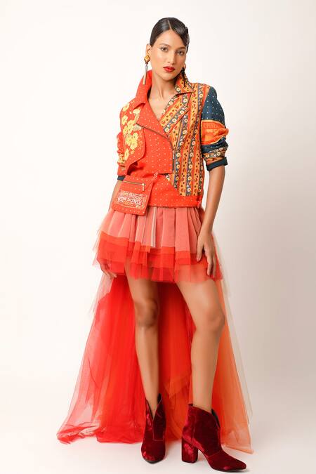 Jajaabor_Orange Net Asymmetric Tulle Skirt _Online_at_Aza_Fashions