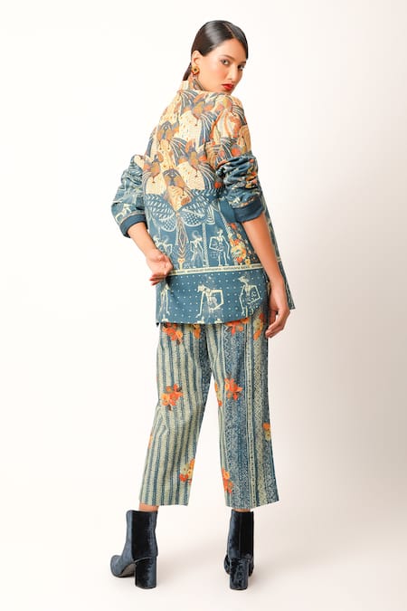 Shop Jajaabor Multi Color Cotton Collared Ramayana Printed Jacket And Pant Set at Aza Fashions Shop_Jajaabor_Multi Color Cotton Collared Ramayana Printed Jacket And Pant Set _at_Aza_Fashions