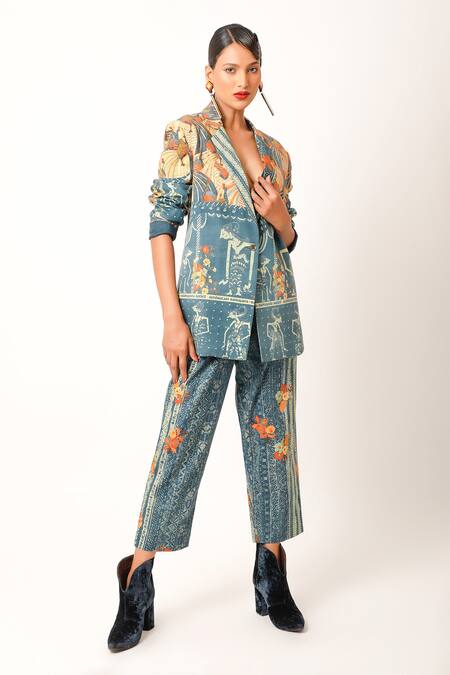 Jajaabor Multi Color Cotton Collared Ramayana Printed Jacket And Pant Set Online at Aza Fashions Jajaabor_Multi Color Cotton Collared Ramayana Printed Jacket And Pant Set _Online_at_Aza_Fashions