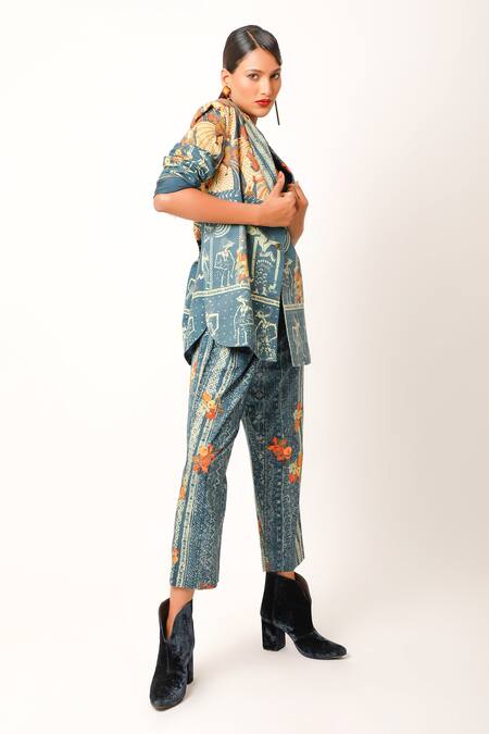 Shop Jajaabor Multi Color Cotton Collared Ramayana Printed Jacket And Pant Set Online at Aza Fashions Shop_Jajaabor_Multi Color Cotton Collared Ramayana Printed Jacket And Pant Set _Online_at_Aza_Fashions