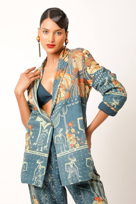 Jajaabor Multi Color Cotton Collared Ramayana Printed Jacket And Pant Set at Aza Fashions Jajaabor_Multi Color Cotton Collared Ramayana Printed Jacket And Pant Set _at_Aza_Fashions
