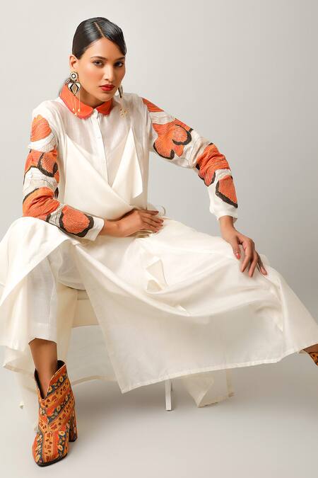 Buy Jajaabor Ivory Silk Chanderi Embroidered Motif Peter Pan Collar Draped Fish Shirt Set Buy_Jajaabor_Ivory Silk Chanderi Embroidered Motif Peter Pan Collar Draped Fish Shirt Set