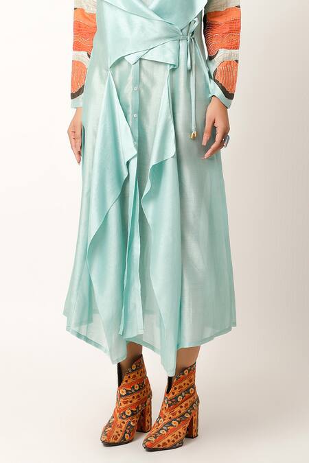 Shop_Jajaabor_Blue Silk Chanderi Embroidered Motif Peter Pan Collar Draped Long Shirt Set _Online_at_Aza_Fashions