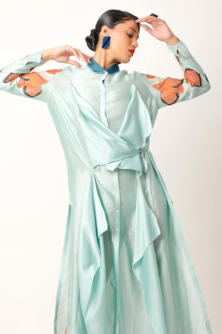 Jajaabor_Blue Silk Chanderi Embroidered Motif Peter Pan Collar Draped Long Shirt Set _at_Aza_Fashions