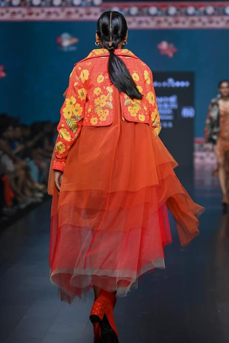 Shop Jajaabor Orange Cotton Embroidery Collared Butercup Bloom Print Tulle Trench Jacket at Aza Fashions Shop_Jajaabor_Orange Cotton Embroidery Collared Butercup Bloom Print Tulle Trench Jacket _at_Aza_Fashions
