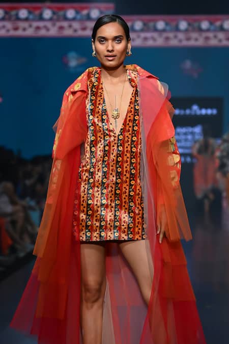 Jajaabor Orange Cotton Embroidery Collared Butercup Bloom Print Tulle Trench Jacket Online at Aza Fashions Jajaabor_Orange Cotton Embroidery Collared Butercup Bloom Print Tulle Trench Jacket _Online_at_Aza_Fashions