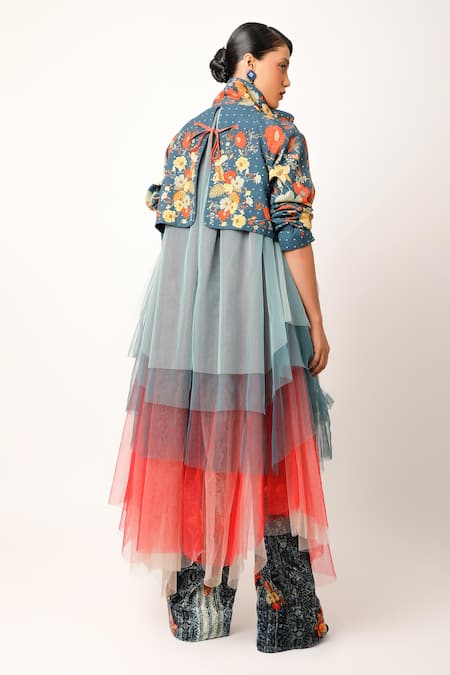 Shop_Jajaabor_Blue Cotton Collared Midnight Flora Print Tulle Trench Jacket _at_Aza_Fashions